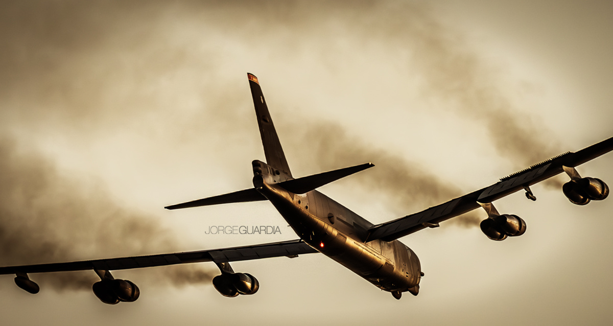 Back view of USAF B-52H Stratofortress taking off from Morón Air Base near Seville