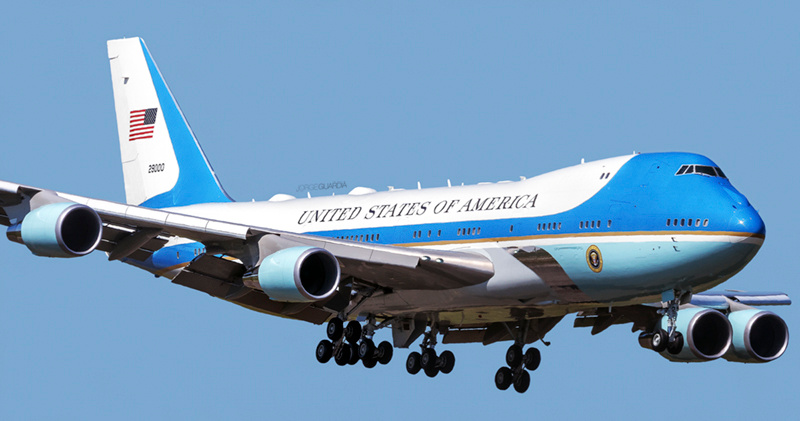 Air Force One landing at Bourdeaux in 2019 with president Donald Trump onboard for the Biarritz G-7 summit.