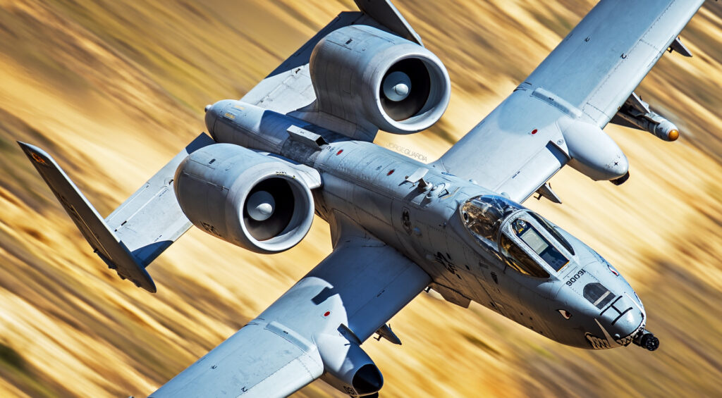 USAF A-10 Warthog performing a low level flight in Bardenas Reales, Navarra, Spain