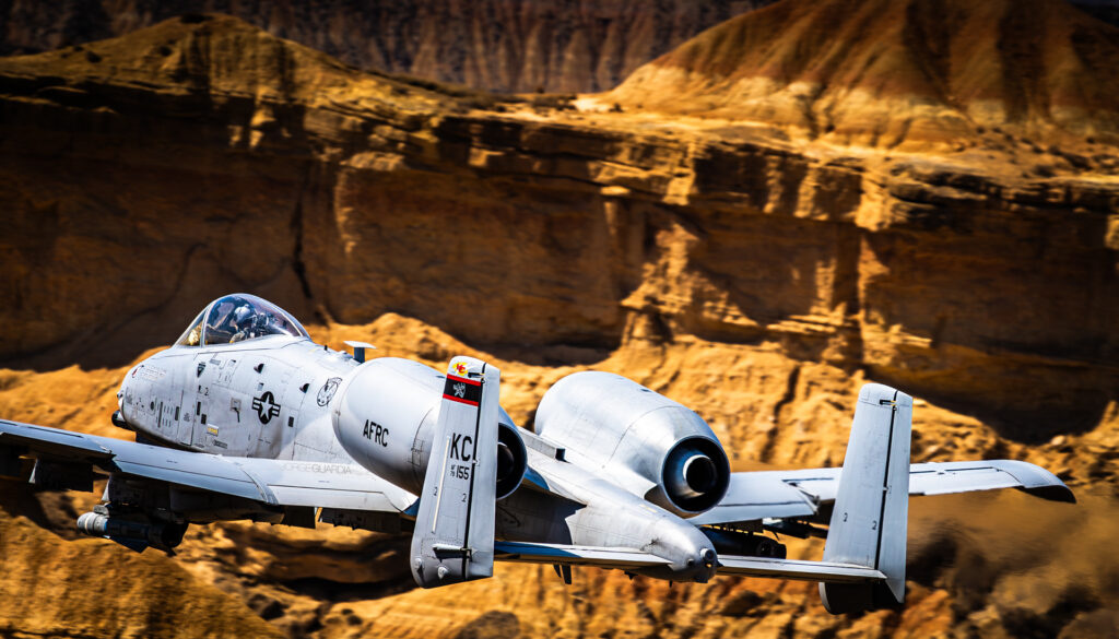 USAF A-10 Warthog ground attack fighter flying low at Bardenas Reales