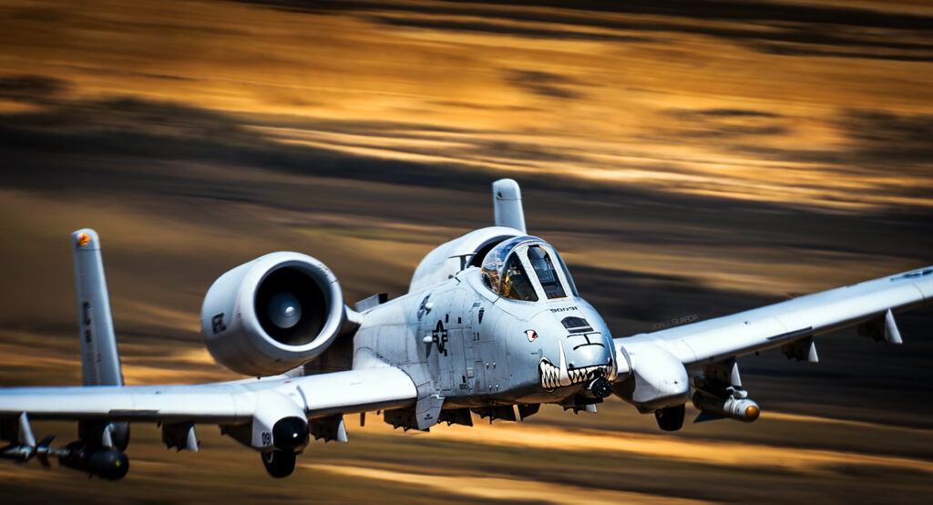 USAF A-10 Warthog low speed shutter picture during a low level pass in Bardenas Reales shooting range, Navarra, Spain