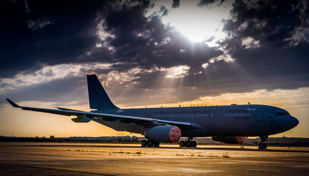 First Airbus A330 MRTT for the Republic of Korea Air Force on ground at Torrejon Air Base during sunset