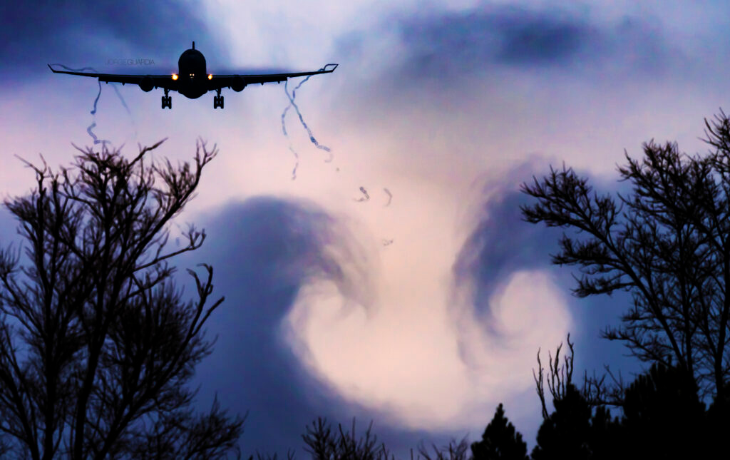 Ejercito del Aire (Spanish Air Force) Airbus A330 MRTT creating turbulence in clouds during landing in Torrejon, Madrid