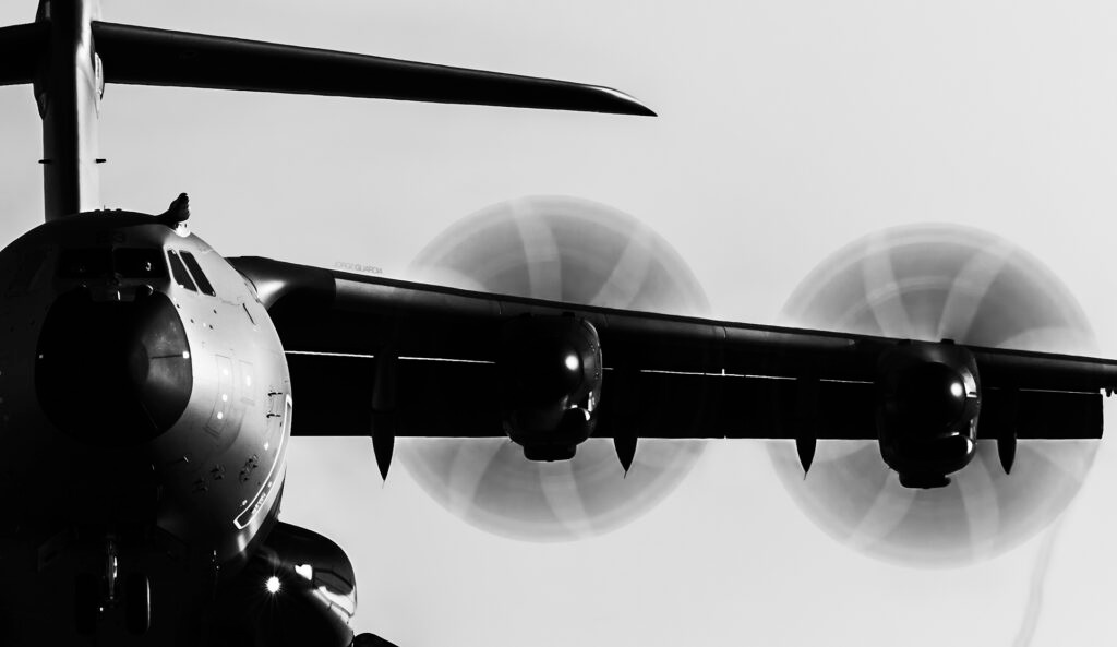 Black and white photo of an Airbus A400M from the Spanish Air Force seen from the front