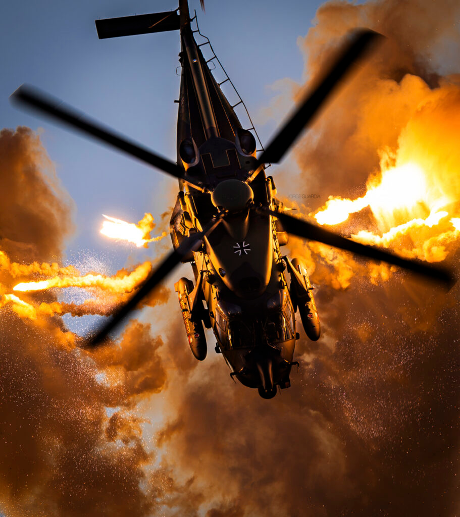 Bundeswehr Airbus Helicopters NH90 launching flares during exhibition at Antidotum Leszno Airshow in Poland