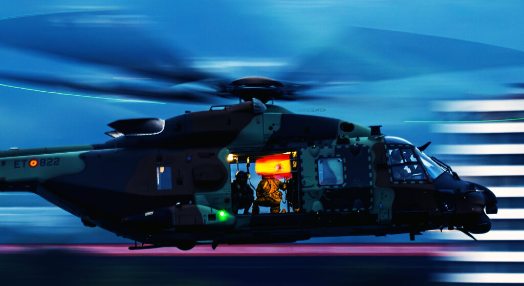 Airbus Helicopters NH90 of the Spanish Army at dusk during Gijon Air Show 2023
