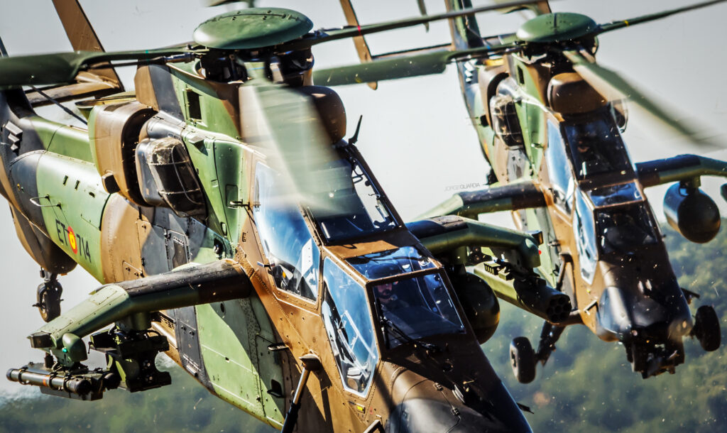 Two Airbus Helicopters Tigre from the Spanish Army flying in formation during FAMET day
