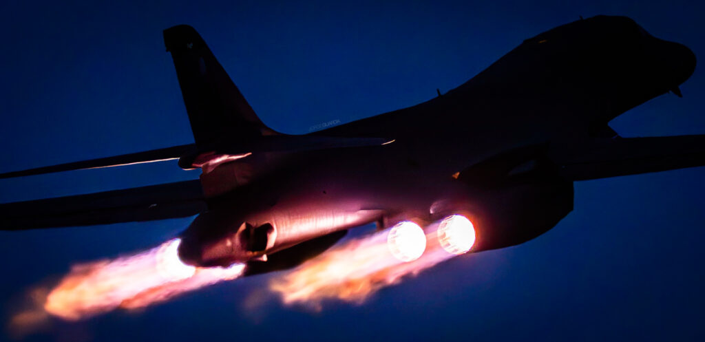 Rockwell B-1 Lancer taking off with full afterburner at Sevilla participating in a Bomber Task Force
