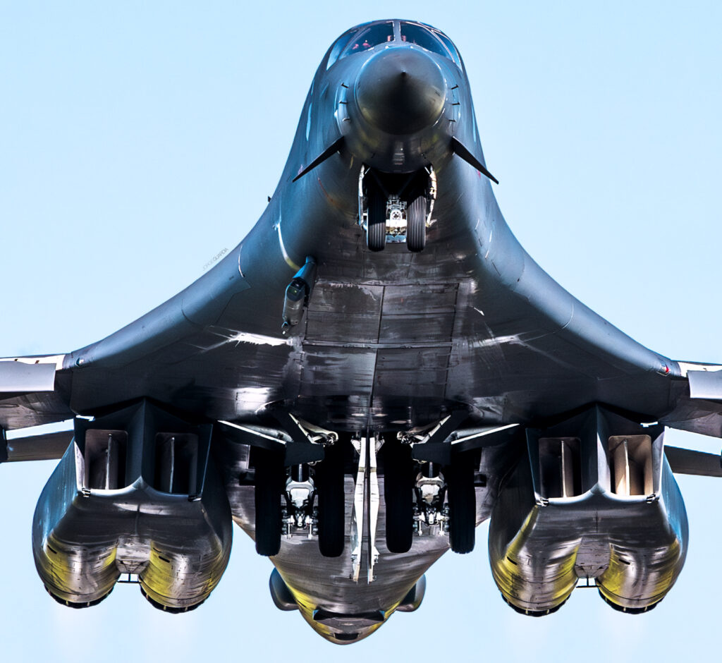 Front view of a Rockwell B-1 Lancer taking off at Fairford during a Bomber Task Force