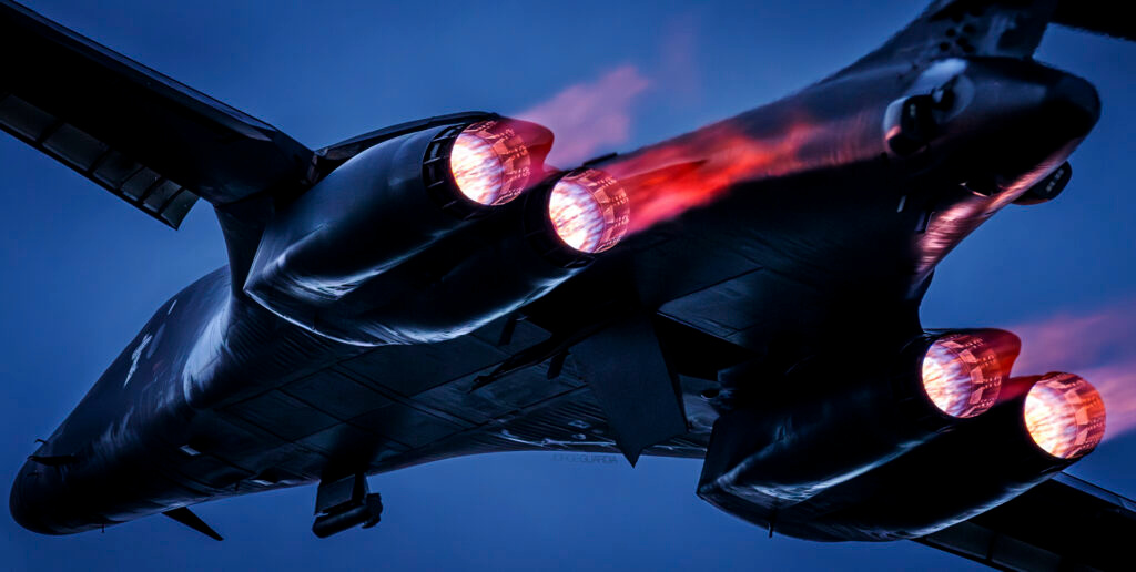 Rockwell B-1 Lancer taking off at Fairford at sunrise during Operation Epic Fury