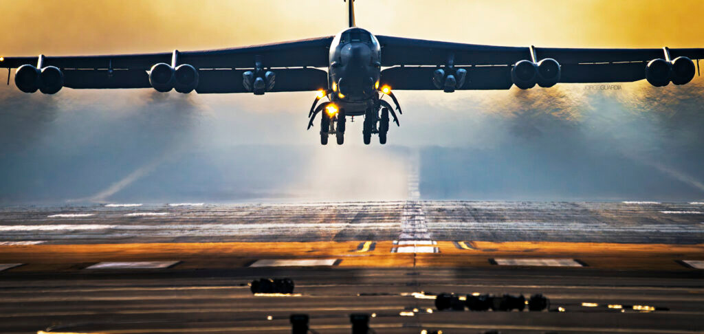 Boeing B-52 Stratofortress bomber taking off at Fairford loaded with AGM-158 JASSM for the Operation Epic Fury