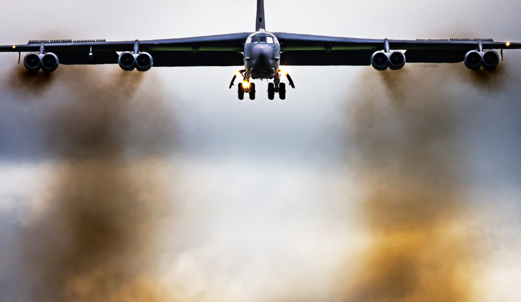 Front view of a Boeing B-52 Stratofortress approaching Fairford during a Bomber Task Force