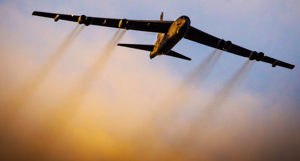 Boeing B-52 Stratofortress bomber approaching Moron Air Base at Sevilla
