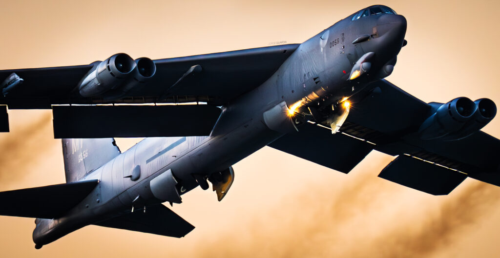 Boeing B-52 Stratofortress taking off at Moron Air Base in Sevilla during sunrise