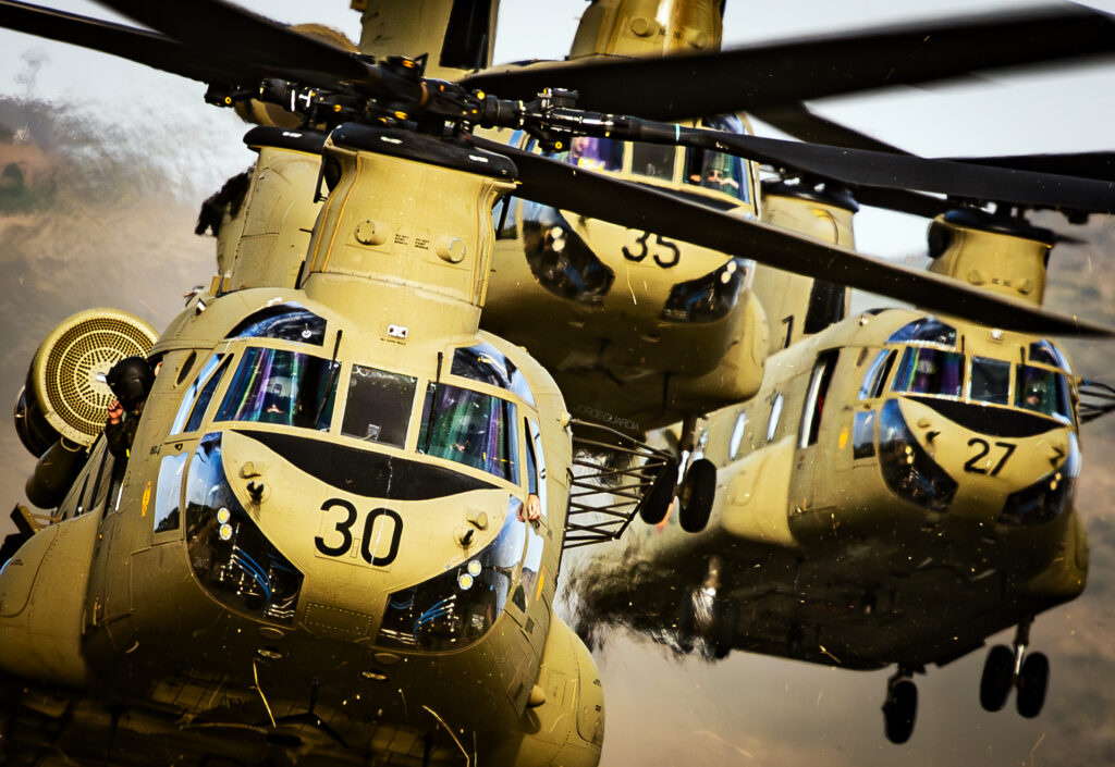 A formation of 3 Boeing Chinook from Spanish Army FAMET while taking off