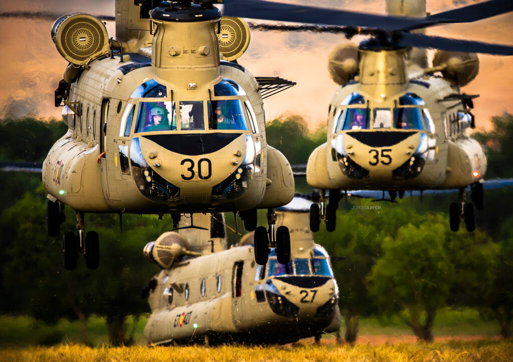 Three Boeing Chinook from Spanish Army FAMET taking off from the north of Madrid