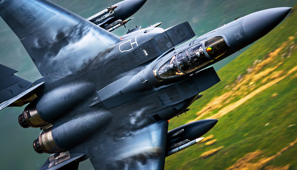 US Air Force F-15 Eagle flying through the Mach Loop LFA-7 Low Flying Area
