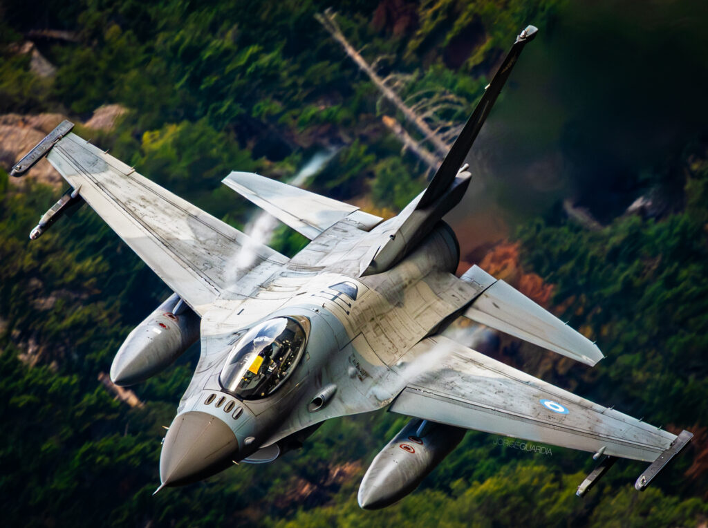 F-16 of the Hellenic Air Force flying through the Vouraikos Canyon during Iniochos 2025 exercise