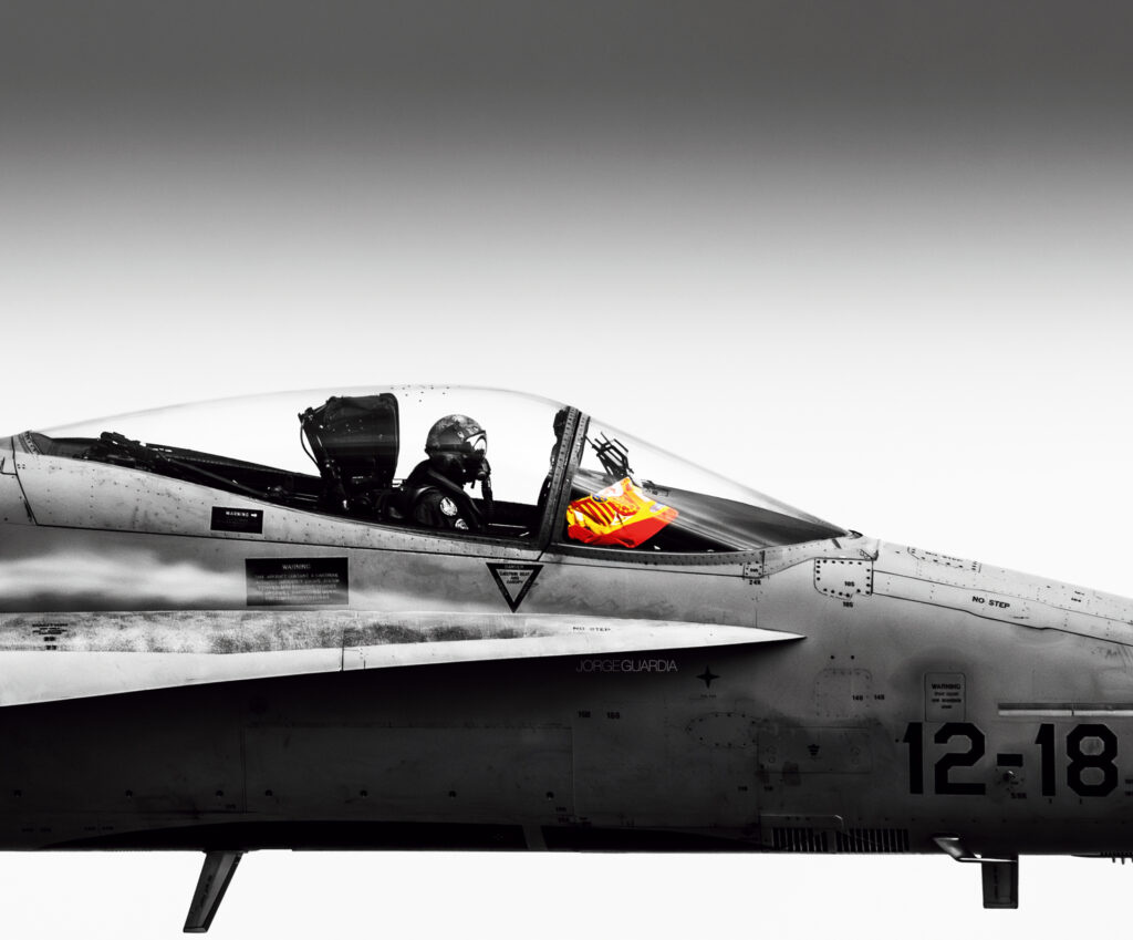 Spanish Air Force F18 Hornet from Ala 12 in black and white with the spanish flag