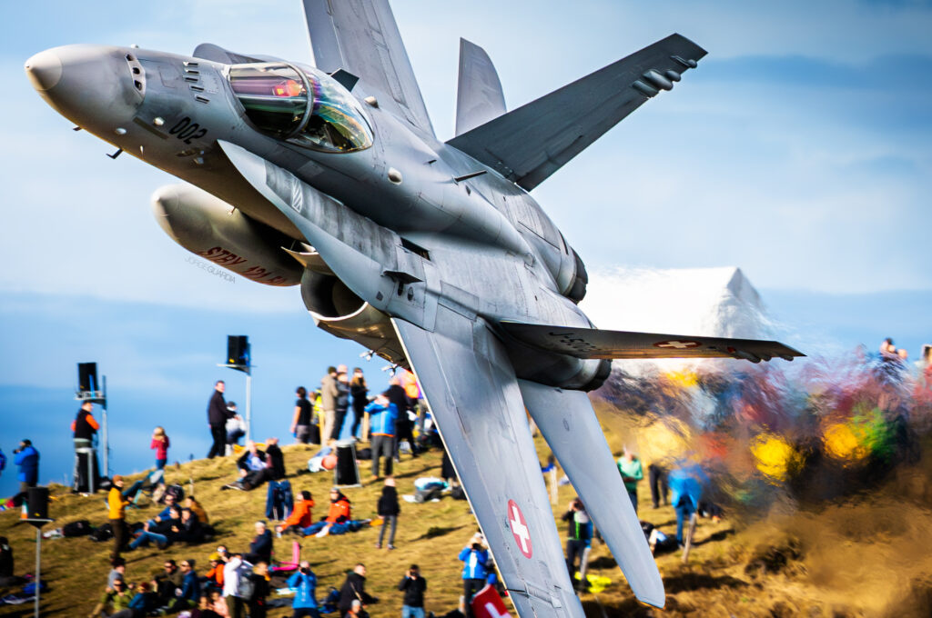 F-18 fighter jet of the Swiss Air Force performing a low pass during AXALP 2023 airshow