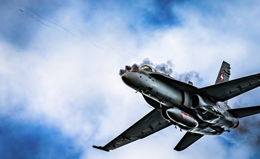 Swiss Air Force F18 shooting with the gun during AXALP 2023