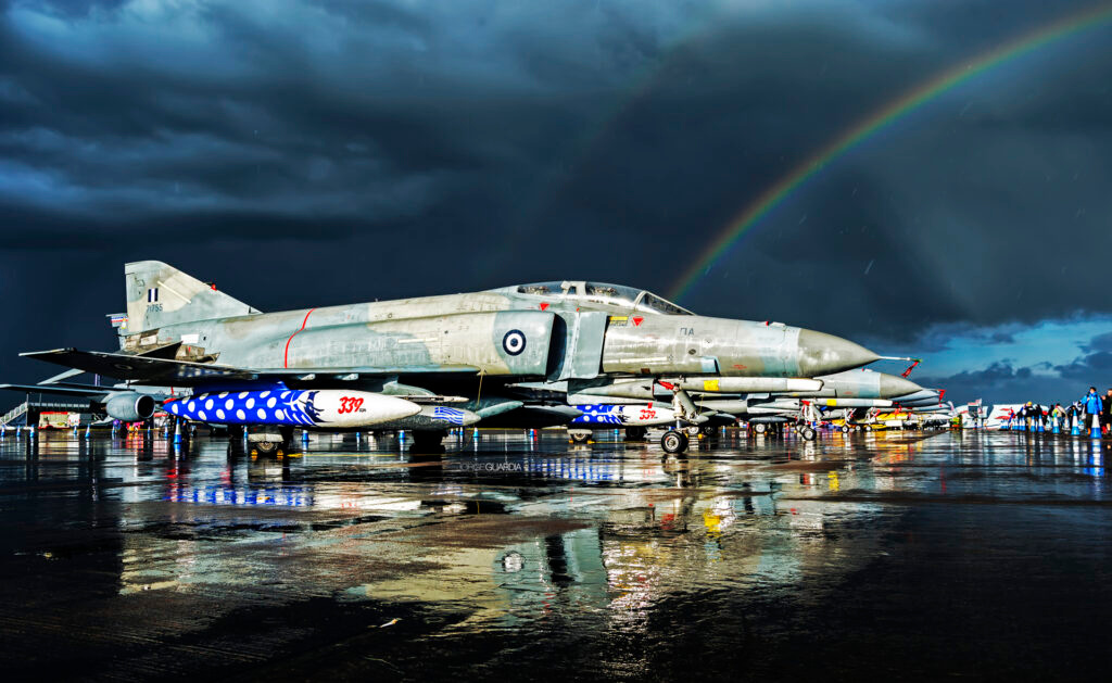 Hellenic Air Force F-4 Phantom with a rainbow after a storm at RAF Fairford during RIAT