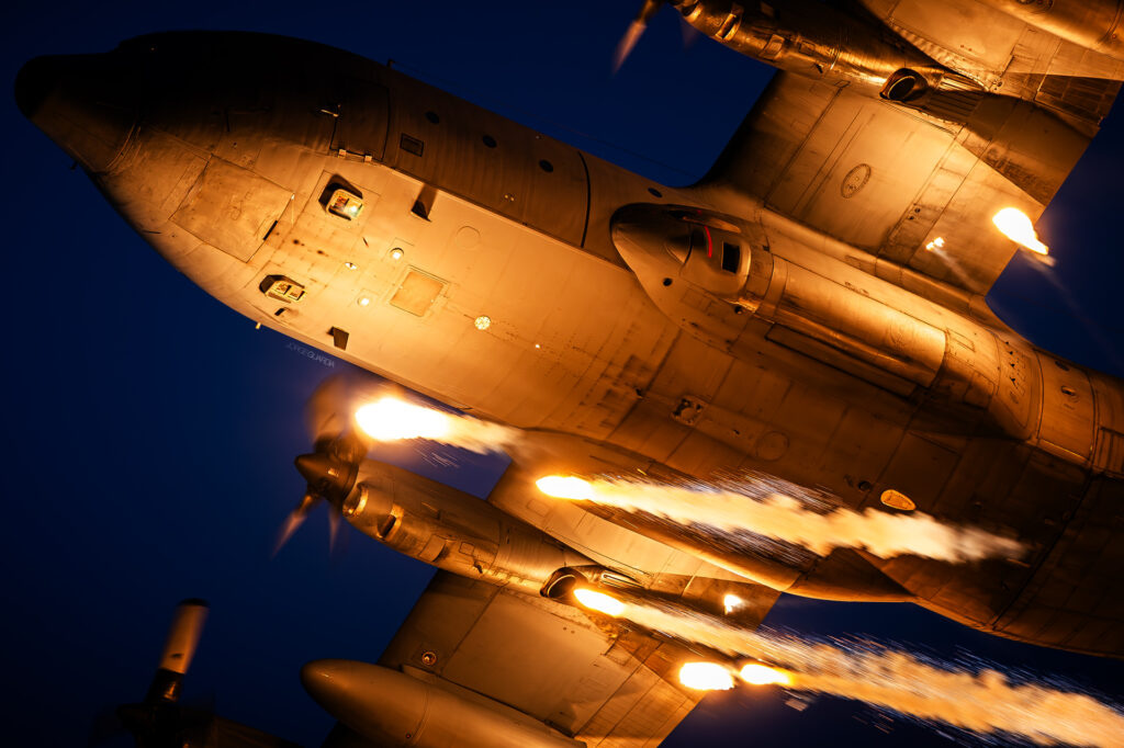 Polish Air Force Lockheed C130 Hercules launching flares during demo at Leszno Airshow