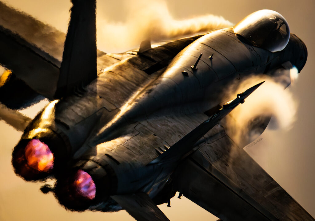 Spanish Air Force F18 Hornet from Ala 15 taking off from Talavera air base during sunrise