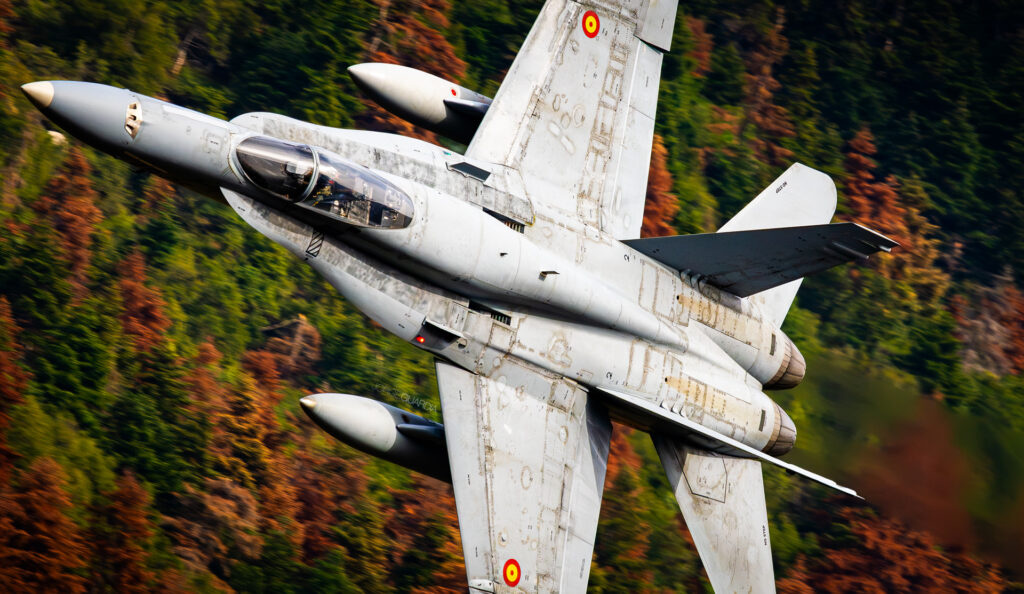Spanish Air Force F18 Hornet from Ala 46 performing low level flight during Iniochos exercise in Greece