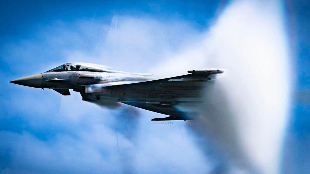 Spanish Air Force Eurofighter Typhoon from Ala 14 creating a supersonic vapour cone during San Javier airshow