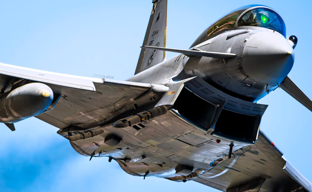 Spanish Air Force Eurofighter Typhoon from Ala 14 performing a low pass in Torrejon, Madrid