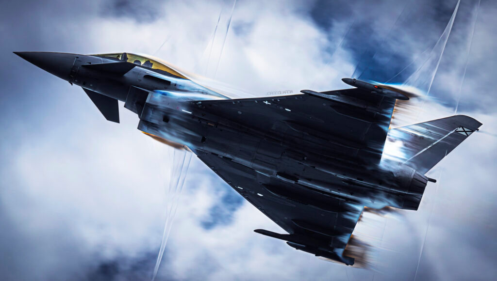Spanish Air Force Eurofighter Typhoon from Ala 14 creating supersonic shockwaves at Festa al Cel airshow