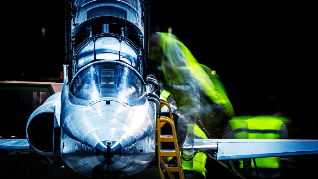 Spanish Air Force Northrop F-5 trainer before sunrise preparing for departure