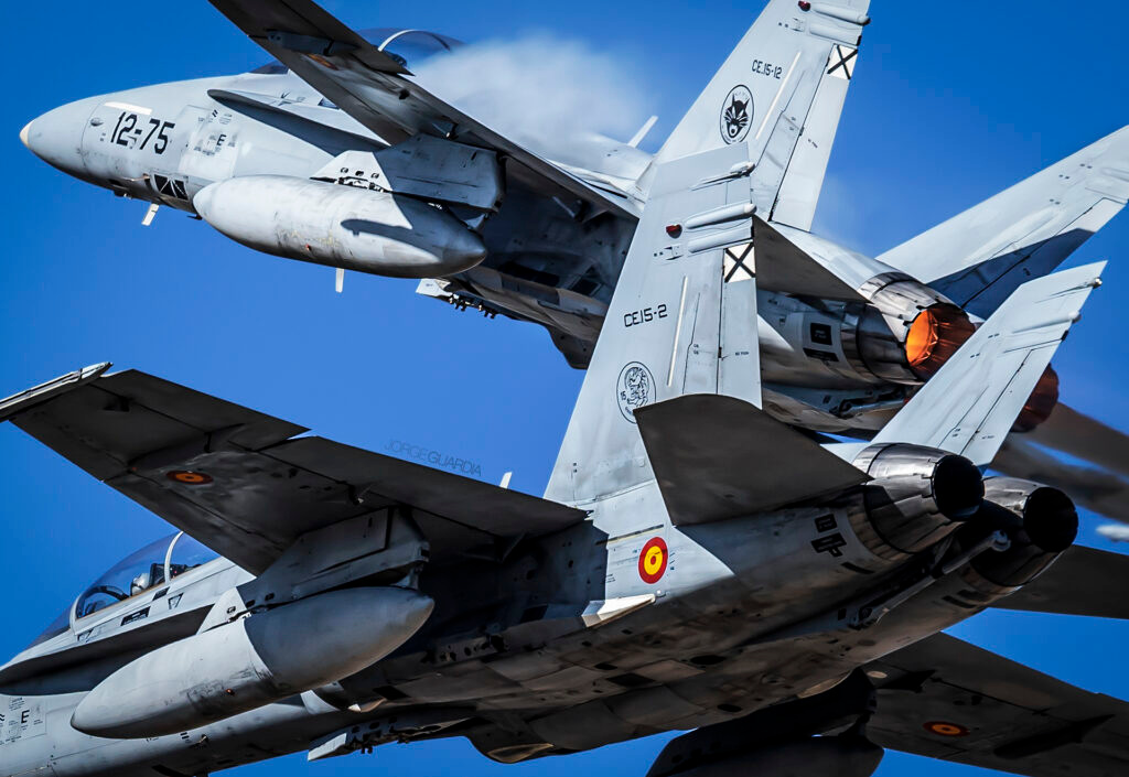 Two Spanish Air Force F18 Hornet breaking the formation for landing in Torrejon AB